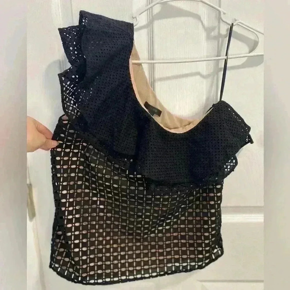 J. Crew Size 0 One Shoulder Eyelet Black Ruffle Top Style - Picture 5 of 10